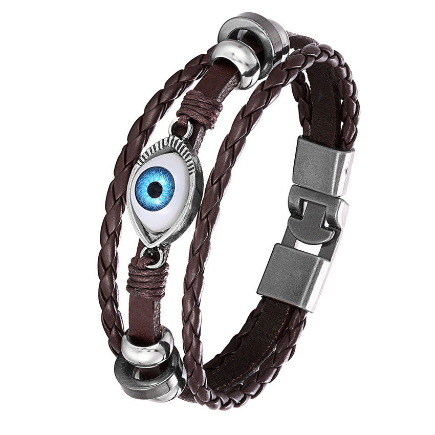 Meerlaagse kralenarmband met demonenoog en leren armband met dubbele gesp