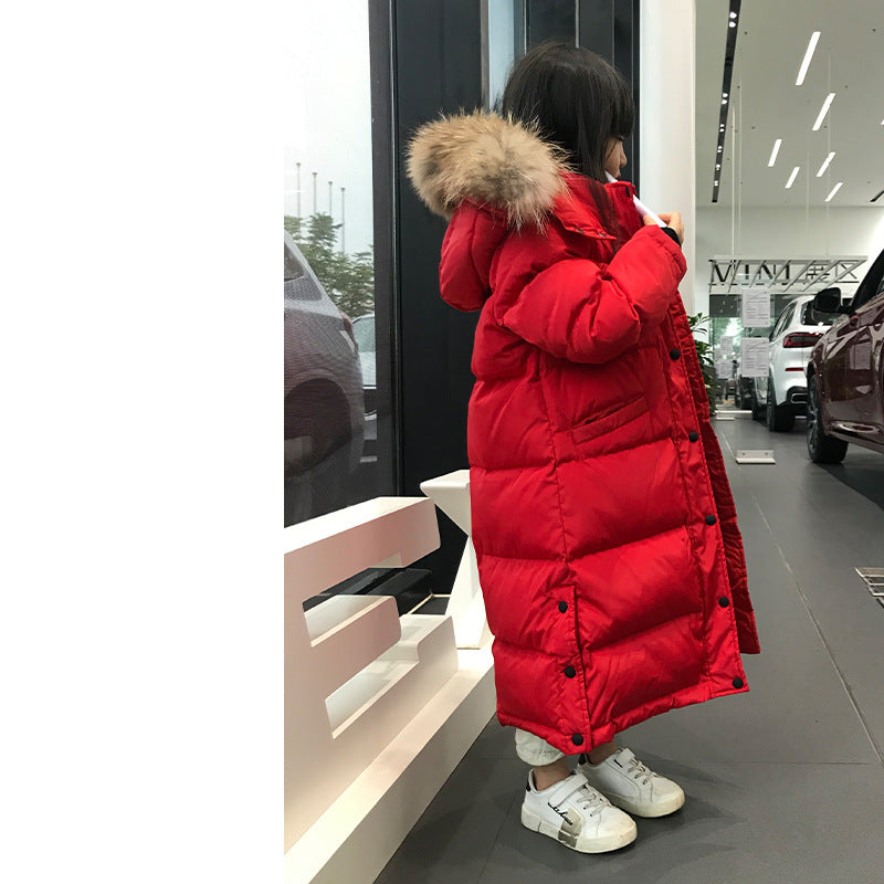 2022 Wool Collar Lined Children's Down Jacket Slim-fit Korean Style Boys' And Girls' Long Thickened Jacket Ins Trendy