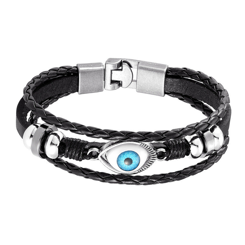 Meerlaagse kralenarmband met demonenoog en leren armband met dubbele gesp