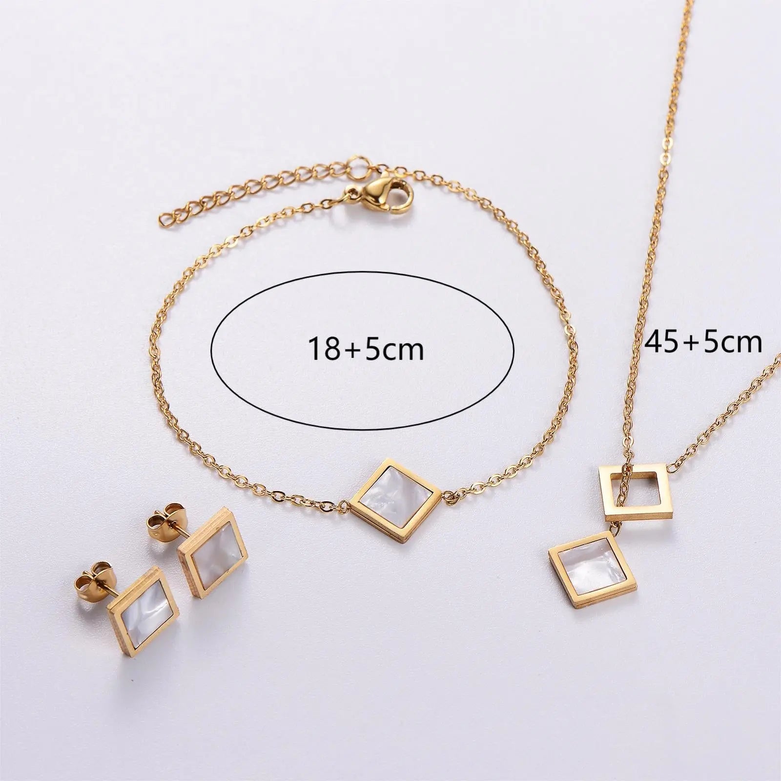 Stainless Steel Niche Temperament Lucky 18K Square Ear Studs Bracelet Necklace jewellery Umar Ahmed 