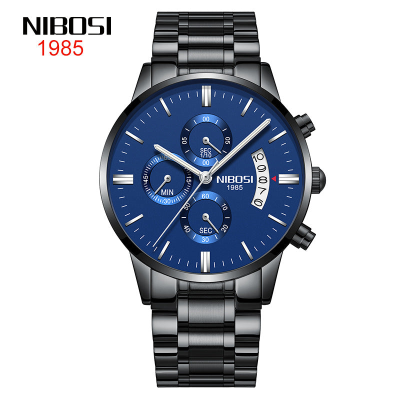 NIBOSI Butterfly Snap Solid Steel Band Men Watch Waterproof Coated Glass Luminous Three Eyes 6 Pin Quartz Watch