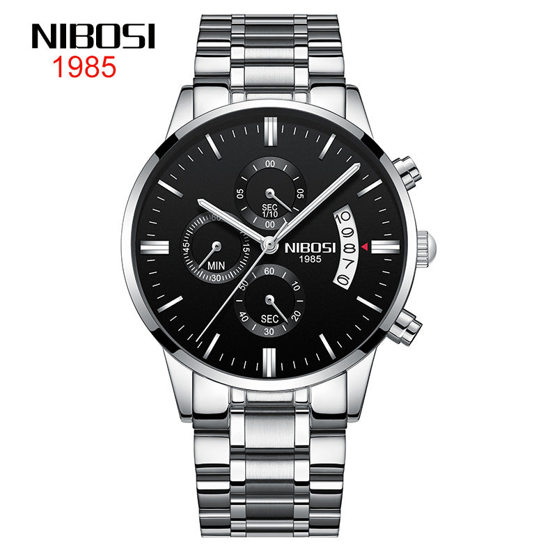 NIBOSI Butterfly Snap Solid Steel Band Men Watch Waterproof Coated Glass Luminous Three Eyes 6 Pin Quartz Watch