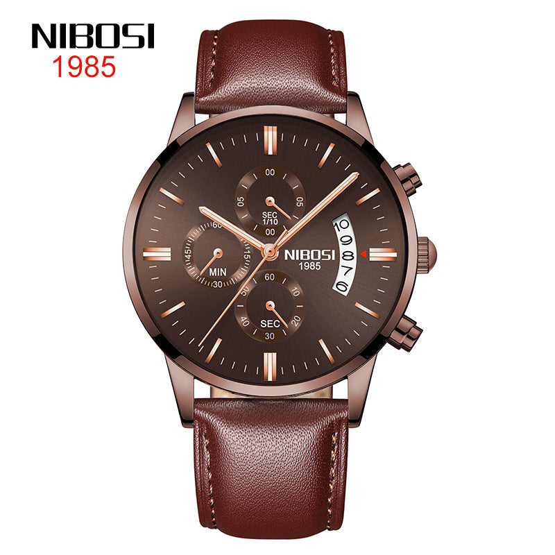 NIBOSI Butterfly Snap Solid Steel Band Men Watch Waterproof Coated Glass Luminous Three Eyes 6 Pin Quartz Watch