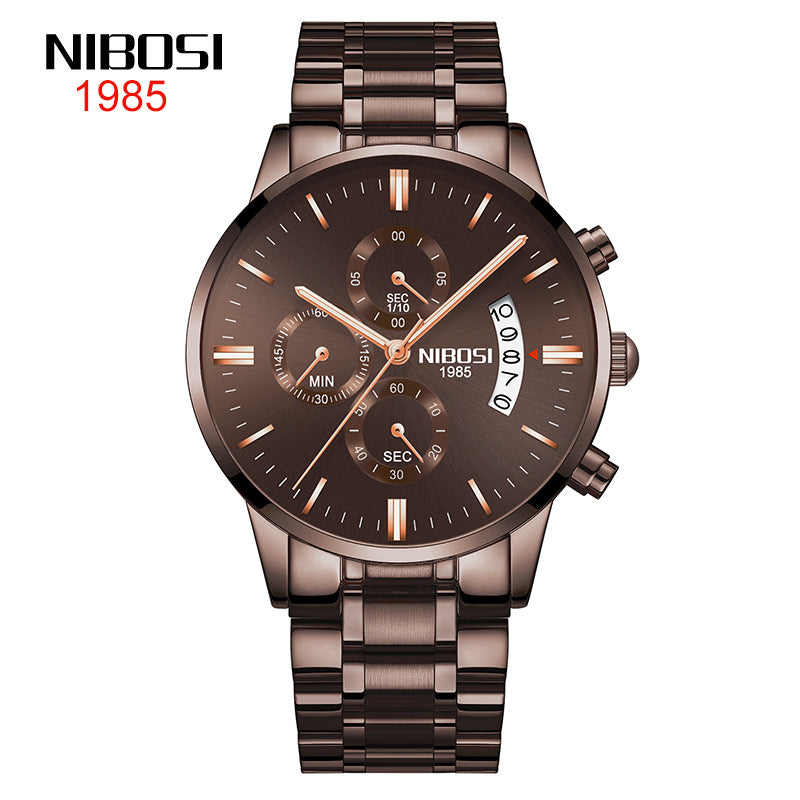 NIBOSI Butterfly Snap Solid Steel Band Men Watch Waterproof Coated Glass Luminous Three Eyes 6 Pin Quartz Watch