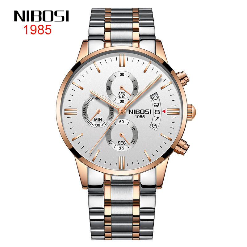 NIBOSI Butterfly Snap Solid Steel Band Men Watch Waterproof Coated Glass Luminous Three Eyes 6 Pin Quartz Watch