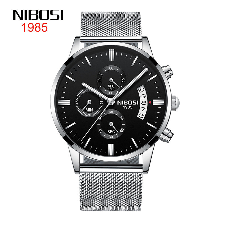 NIBOSI Butterfly Snap Solid Steel Band Men Watch Waterproof Coated Glass Luminous Three Eyes 6 Pin Quartz Watch