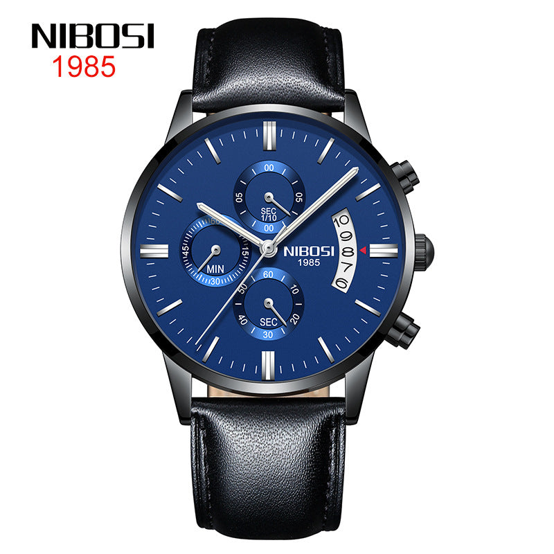 NIBOSI Butterfly Snap Solid Steel Band Men Watch Waterproof Coated Glass Luminous Three Eyes 6 Pin Quartz Watch