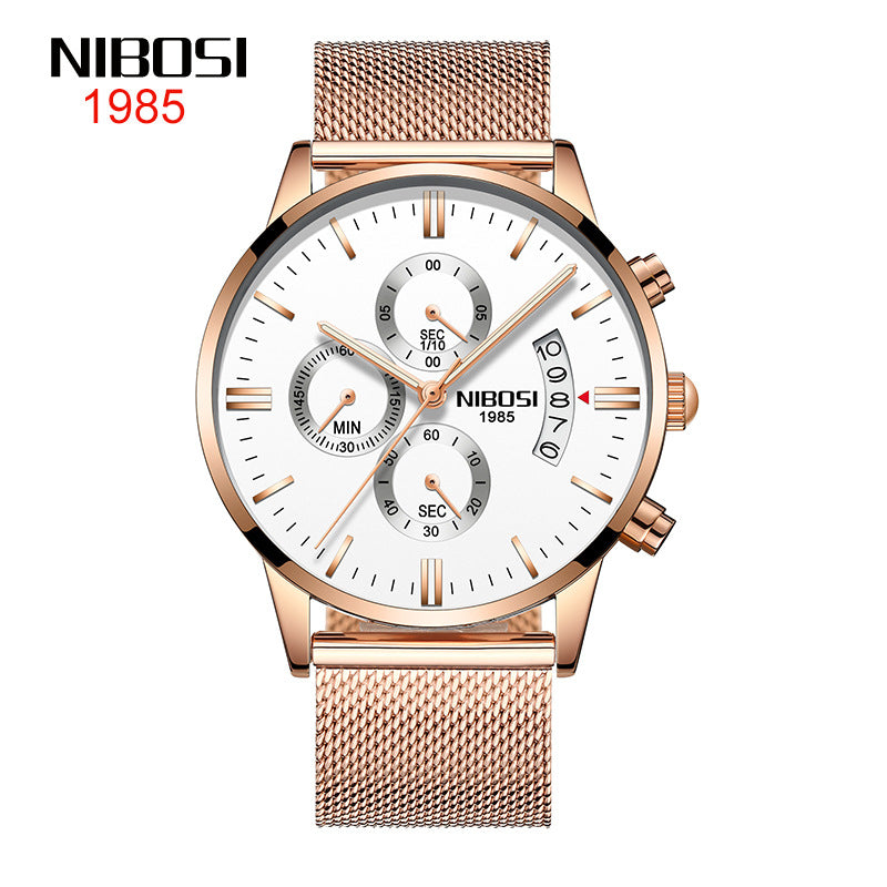 NIBOSI Butterfly Snap Solid Steel Band Men Watch Waterproof Coated Glass Luminous Three Eyes 6 Pin Quartz Watch