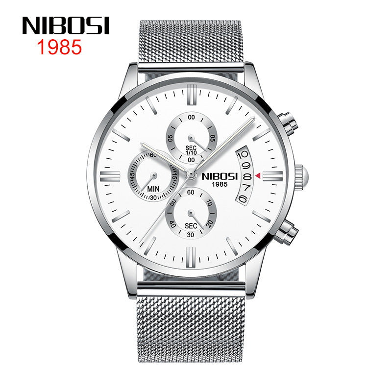 NIBOSI Butterfly Snap Solid Steel Band Men Watch Waterproof Coated Glass Luminous Three Eyes 6 Pin Quartz Watch