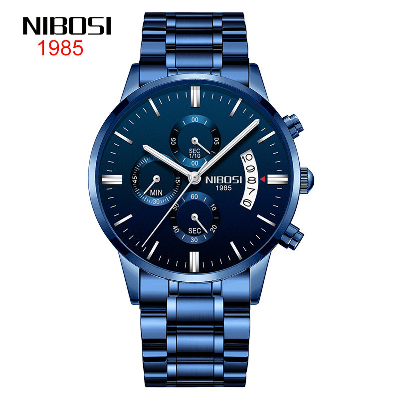 NIBOSI Butterfly Snap Solid Steel Band Men Watch Waterproof Coated Glass Luminous Three Eyes 6 Pin Quartz Watch