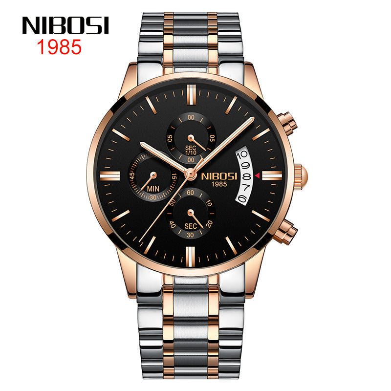 NIBOSI Butterfly Snap Solid Steel Band Men Watch Waterproof Coated Glass Luminous Three Eyes 6 Pin Quartz Watch