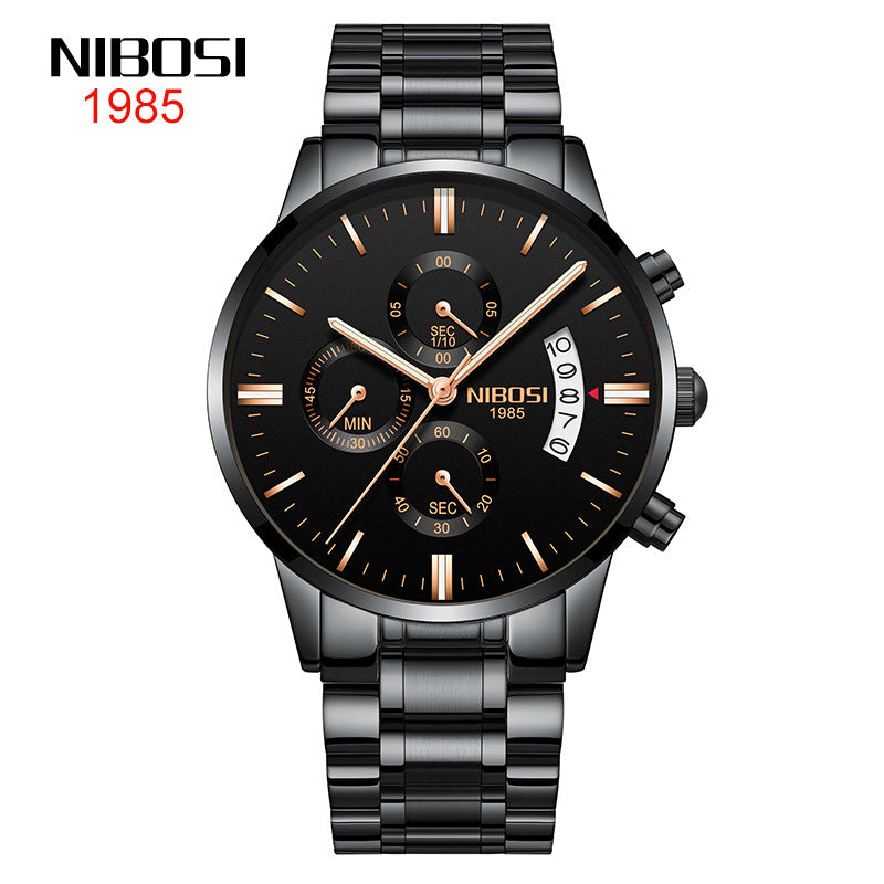 NIBOSI Butterfly Snap Solid Steel Band Men Watch Waterproof Coated Glass Luminous Three Eyes 6 Pin Quartz Watch