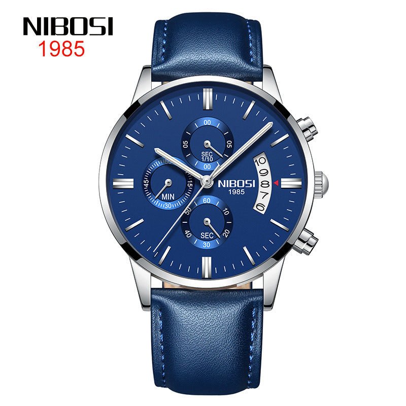 NIBOSI Butterfly Snap Solid Steel Band Men Watch Waterproof Coated Glass Luminous Three Eyes 6 Pin Quartz Watch