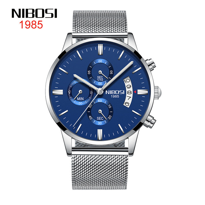 NIBOSI Butterfly Snap Solid Steel Band Men Watch Waterproof Coated Glass Luminous Three Eyes 6 Pin Quartz Watch