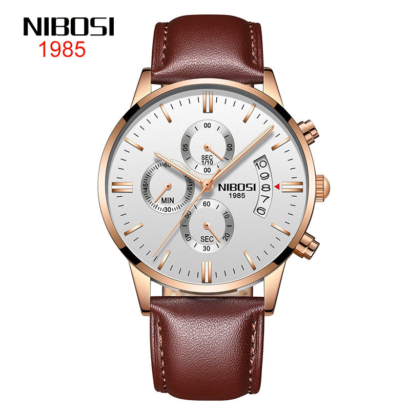 NIBOSI Butterfly Snap Solid Steel Band Men Watch Waterproof Coated Glass Luminous Three Eyes 6 Pin Quartz Watch