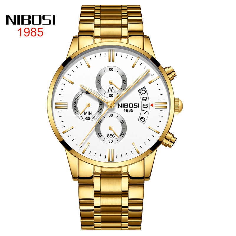 NIBOSI Butterfly Snap Solid Steel Band Men Watch Waterproof Coated Glass Luminous Three Eyes 6 Pin Quartz Watch