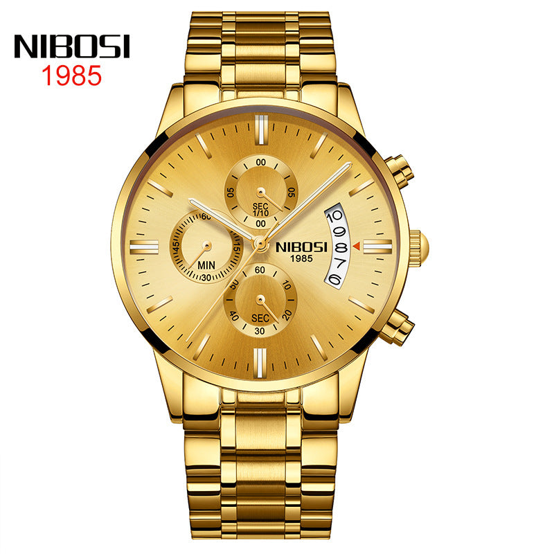 NIBOSI Butterfly Snap Solid Steel Band Men Watch Waterproof Coated Glass Luminous Three Eyes 6 Pin Quartz Watch