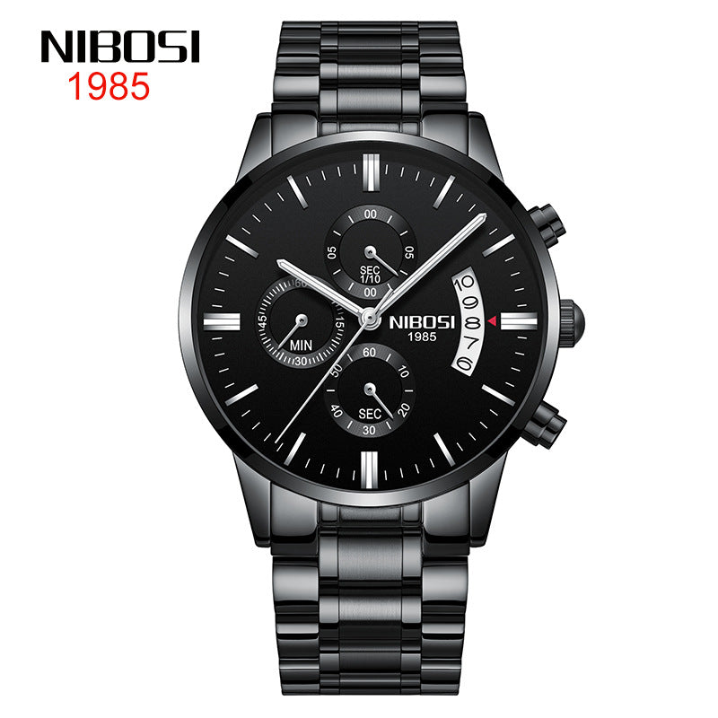 NIBOSI Butterfly Snap Solid Steel Band Men Watch Waterproof Coated Glass Luminous Three Eyes 6 Pin Quartz Watch