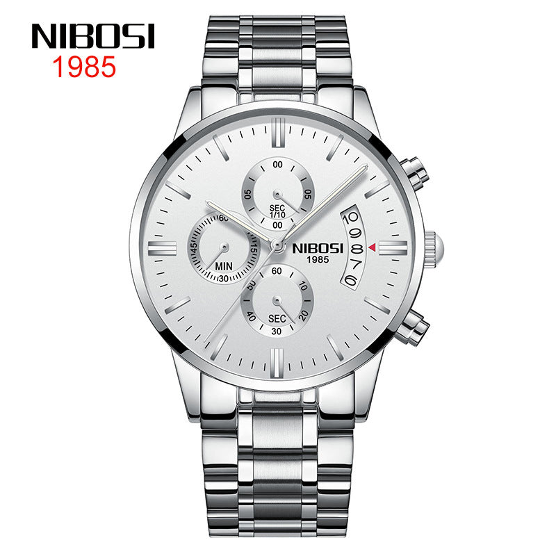 NIBOSI Butterfly Snap Solid Steel Band Men Watch Waterproof Coated Glass Luminous Three Eyes 6 Pin Quartz Watch