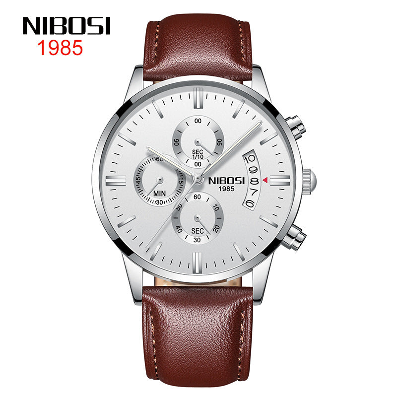 NIBOSI Butterfly Snap Solid Steel Band Men Watch Waterproof Coated Glass Luminous Three Eyes 6 Pin Quartz Watch