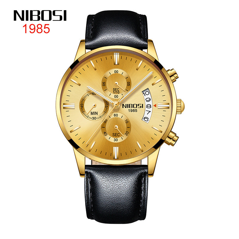 NIBOSI Butterfly Snap Solid Steel Band Men Watch Waterproof Coated Glass Luminous Three Eyes 6 Pin Quartz Watch