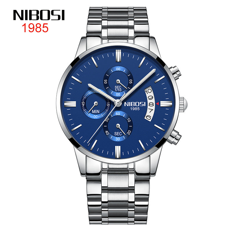 NIBOSI Butterfly Snap Solid Steel Band Men Watch Waterproof Coated Glass Luminous Three Eyes 6 Pin Quartz Watch