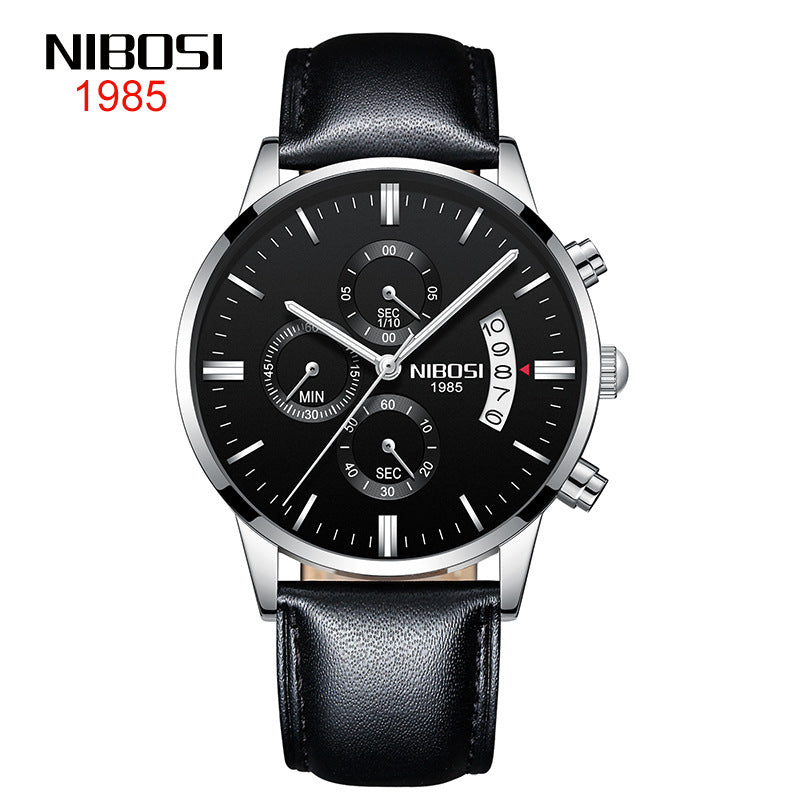 NIBOSI Butterfly Snap Solid Steel Band Men Watch Waterproof Coated Glass Luminous Three Eyes 6 Pin Quartz Watch