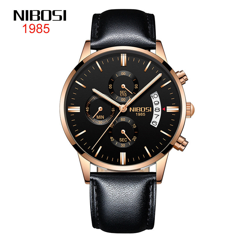 NIBOSI Butterfly Snap Solid Steel Band Men Watch Waterproof Coated Glass Luminous Three Eyes 6 Pin Quartz Watch