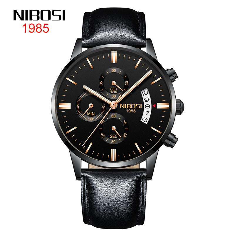 NIBOSI Butterfly Snap Solid Steel Band Men Watch Waterproof Coated Glass Luminous Three Eyes 6 Pin Quartz Watch