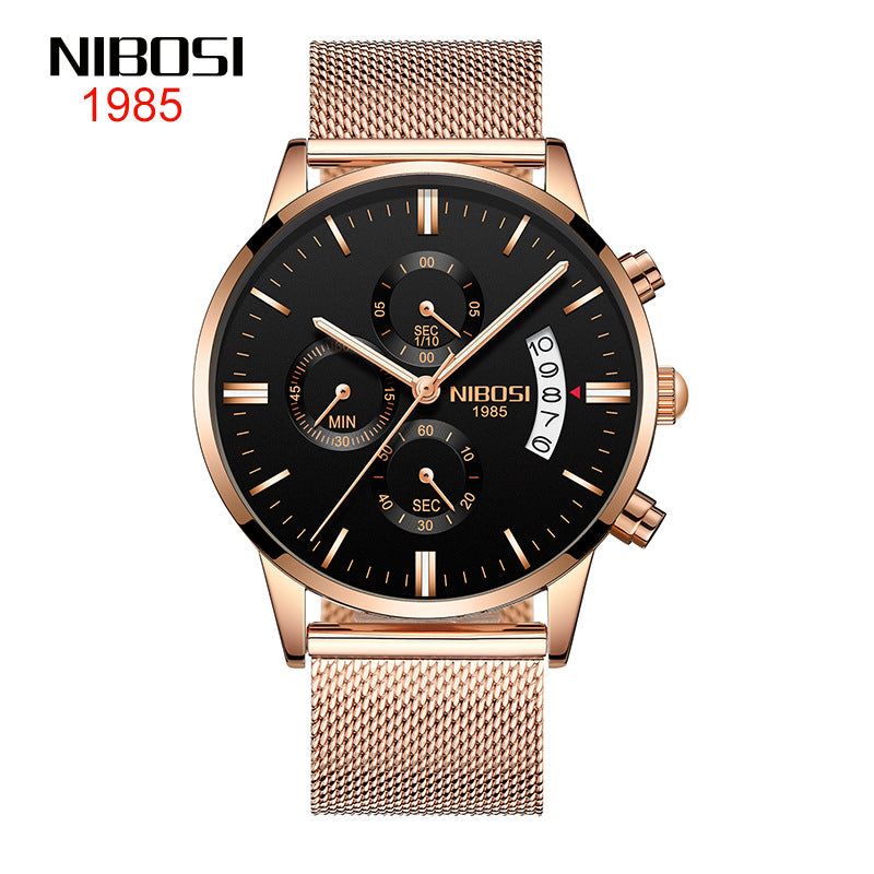 NIBOSI Butterfly Snap Solid Steel Band Men Watch Waterproof Coated Glass Luminous Three Eyes 6 Pin Quartz Watch