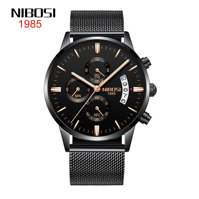 NIBOSI Butterfly Snap Solid Steel Band Men Watch Waterproof Coated Glass Luminous Three Eyes 6 Pin Quartz Watch