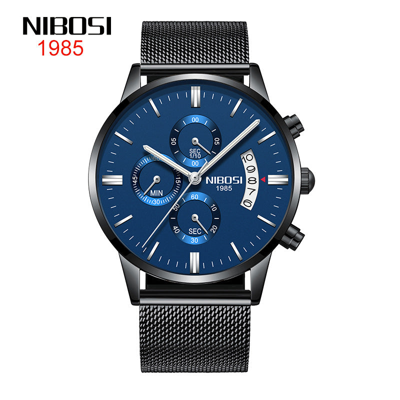 NIBOSI Butterfly Snap Solid Steel Band Men Watch Waterproof Coated Glass Luminous Three Eyes 6 Pin Quartz Watch