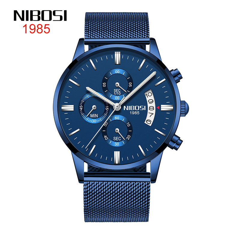 NIBOSI Butterfly Snap Solid Steel Band Men Watch Waterproof Coated Glass Luminous Three Eyes 6 Pin Quartz Watch