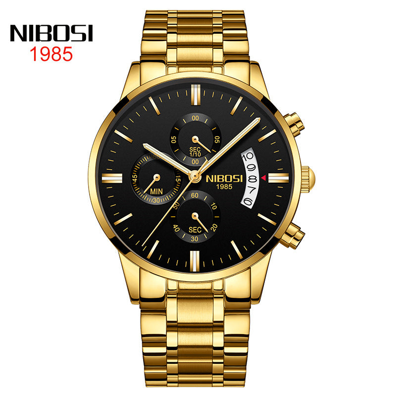 NIBOSI Butterfly Snap Solid Steel Band Men Watch Waterproof Coated Glass Luminous Three Eyes 6 Pin Quartz Watch