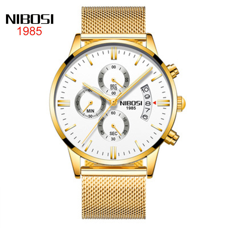 NIBOSI Butterfly Snap Solid Steel Band Men Watch Waterproof Coated Glass Luminous Three Eyes 6 Pin Quartz Watch