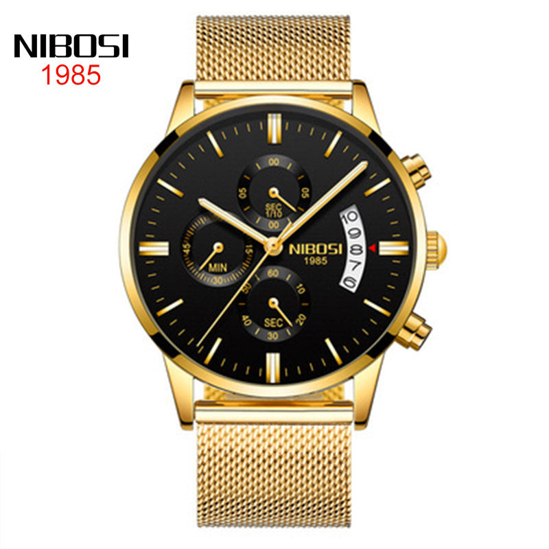 NIBOSI Butterfly Snap Solid Steel Band Men Watch Waterproof Coated Glass Luminous Three Eyes 6 Pin Quartz Watch