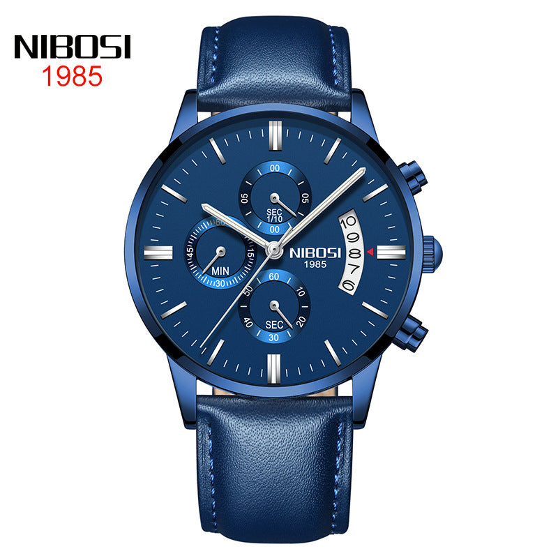 NIBOSI Butterfly Snap Solid Steel Band Men Watch Waterproof Coated Glass Luminous Three Eyes 6 Pin Quartz Watch