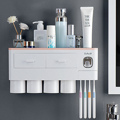 Non-marking Hanging Magnetic Toothbrush Holder Single Drawer Storage Rack With Toothpaste Squeezer Toiletry Set