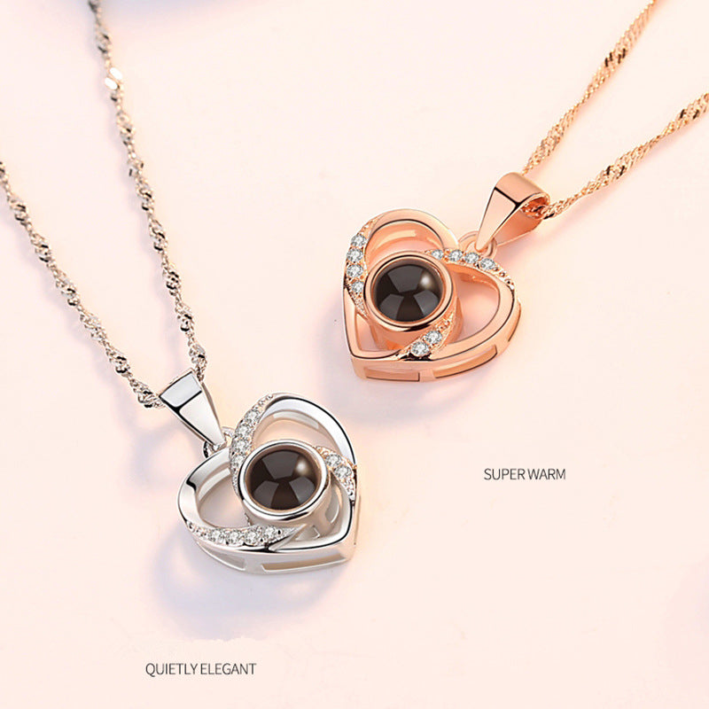 S925 Silver Romantic Colorful Photo Projection Necklace Heart Shaped Pendant Necklace