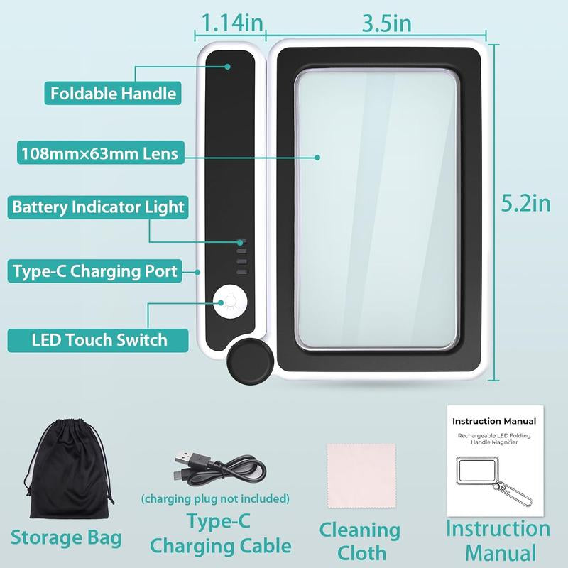 Magnifier LED Light - Rechargeable, LED Light Book Page Magnifier, 5X,Magnifying Glass for Reading,Magnifying Glass,Reading Magnifier for Books,Book Magnifier for Reading,