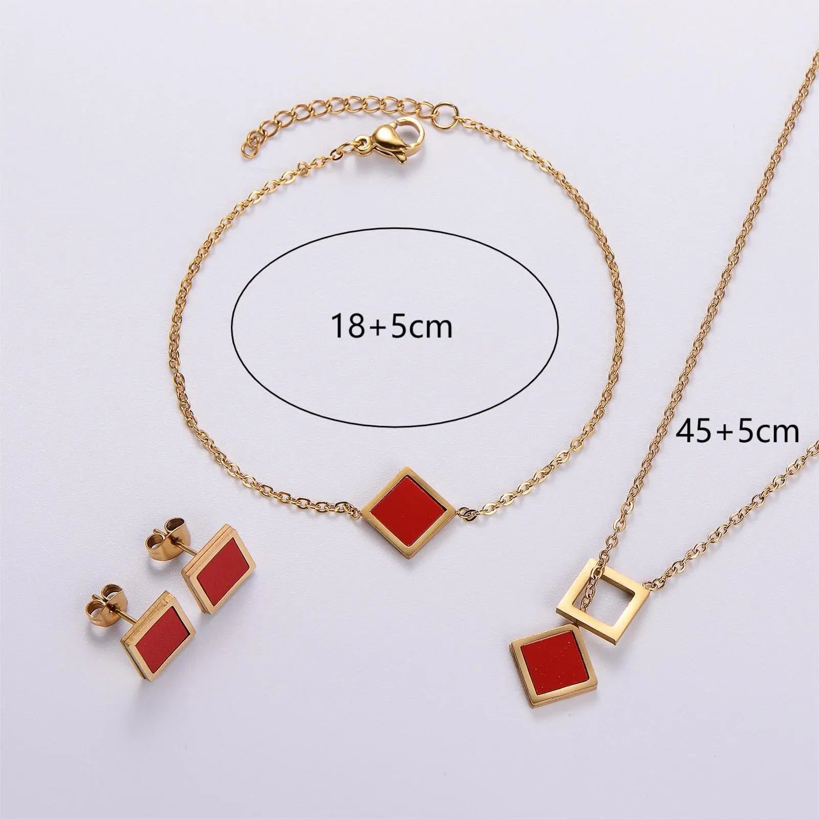 Stainless Steel Niche Temperament Lucky 18K Square Ear Studs Bracelet Necklace jewellery Umar Ahmed Red 