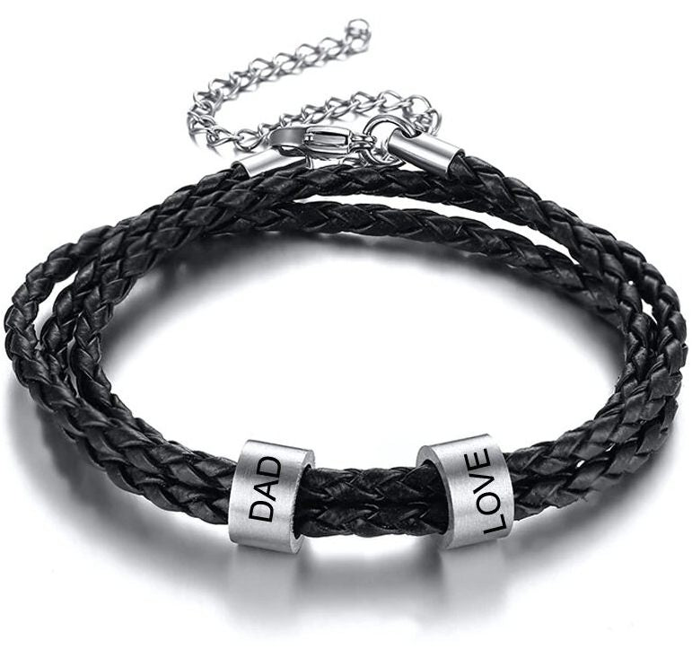 Hot Style Stainless Steel Bead Bracelet 3-layer Braided Leather Rope Personalized Bracelet Can Be Engraved For Men And Women