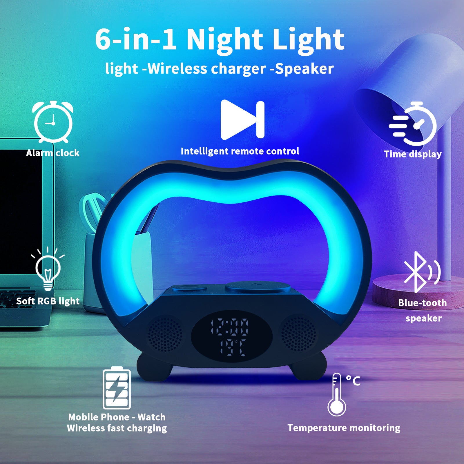 2025 New 6 In 1 Smart Remote Control Bluetooth Ambience Intelligent LED Table Lamp Multi-function Wireless Charger Night Light Bluetooth Speaker