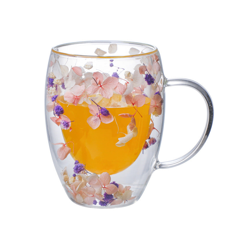 Real Flower Double Layer Glass Cup Borosilicate Simple