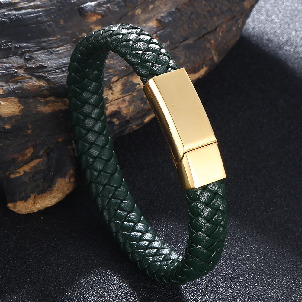 5 Color Woven Geometric Microfiber Leather Men&#039;s And Women&#039;s Stainless Steel Leather Rope Bracelet Laser Lettering