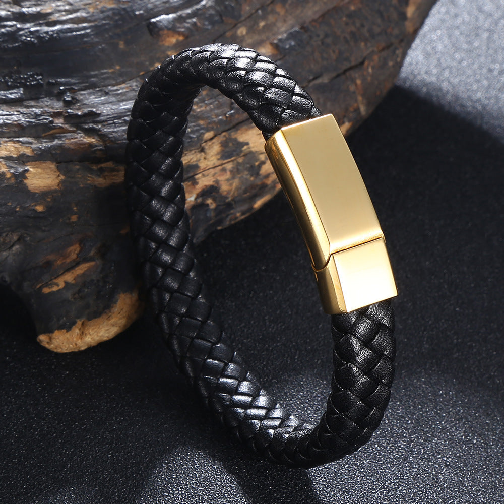 5 Color Woven Geometric Microfiber Leather Men&#039;s And Women&#039;s Stainless Steel Leather Rope Bracelet Laser Lettering