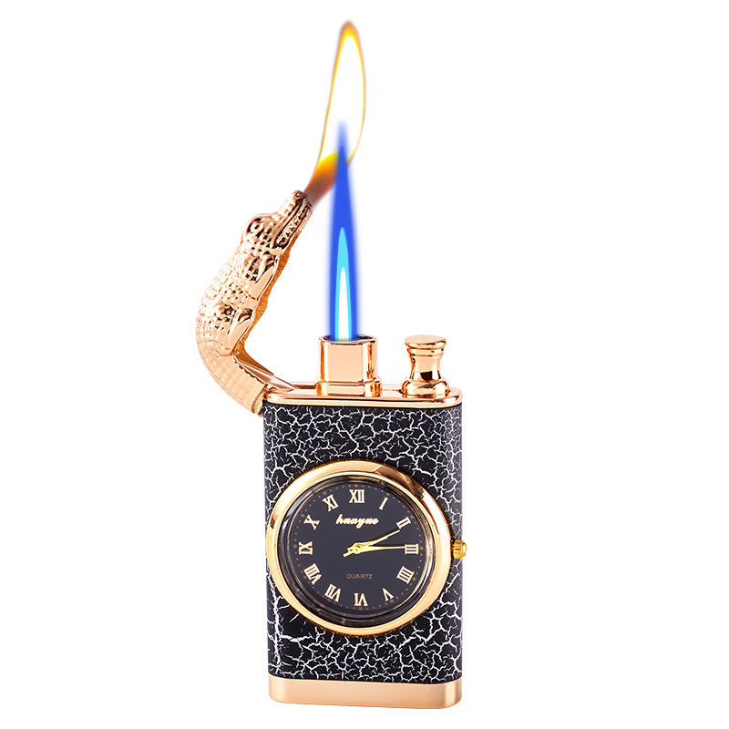 Switch Lighter With Quartz Watch Metal Punch Windproof Blue Flame Alligator Head Lighter