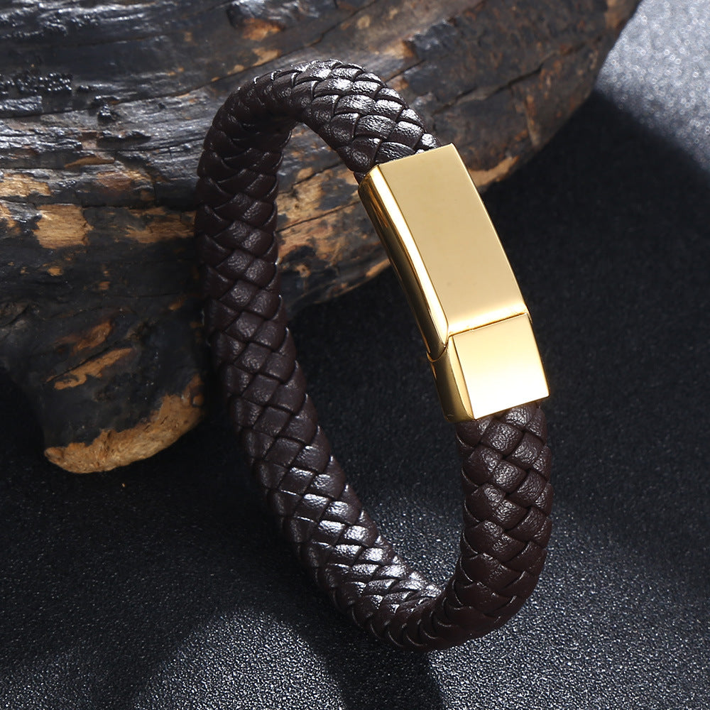 5 Color Woven Geometric Microfiber Leather Men&#039;s And Women&#039;s Stainless Steel Leather Rope Bracelet Laser Lettering