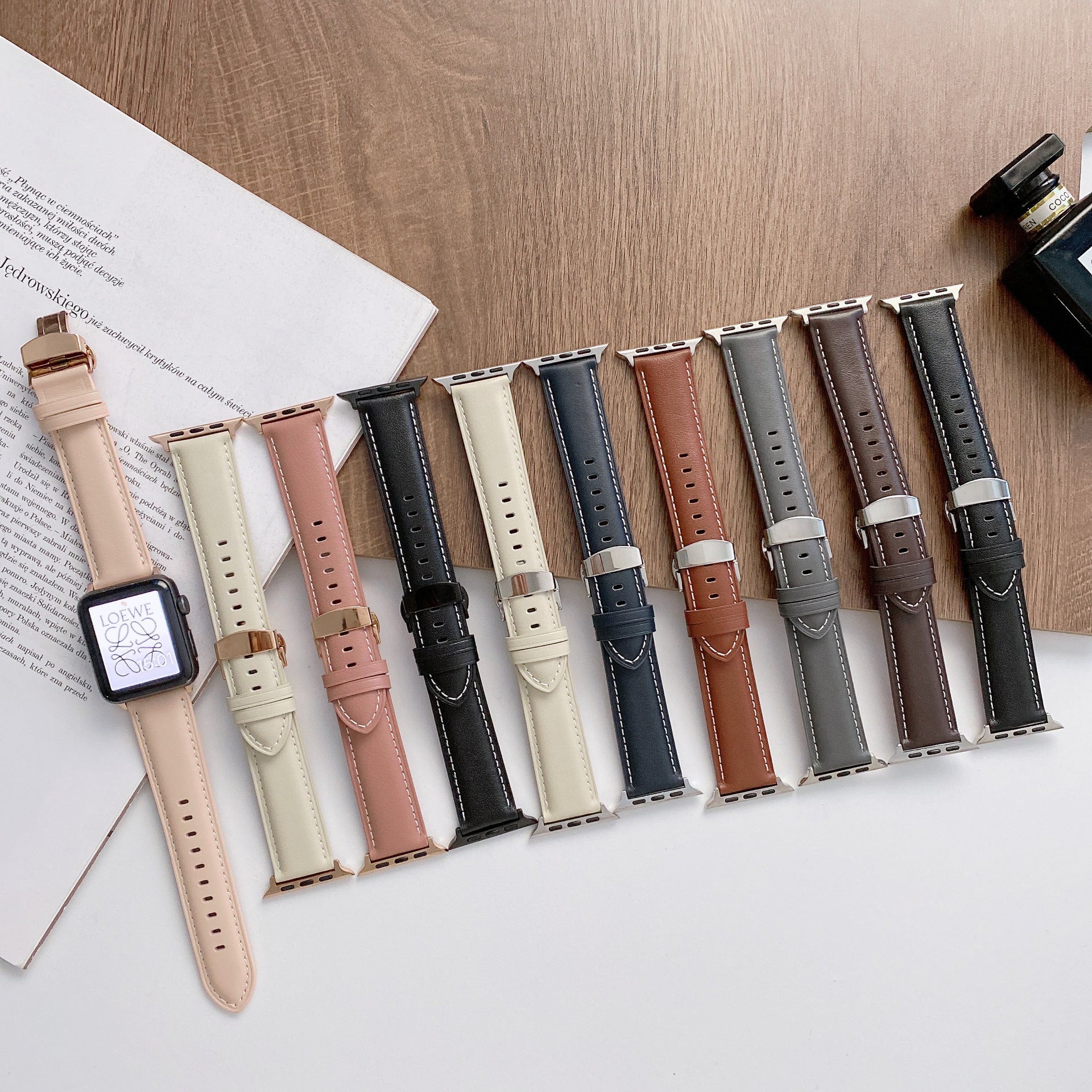 Suitable For Apple Watch Butterfly Buckle Genuine Leather Strap IWatch 6 7 Car Line Genuine Leather High-grade Butterfly Buckle Strap