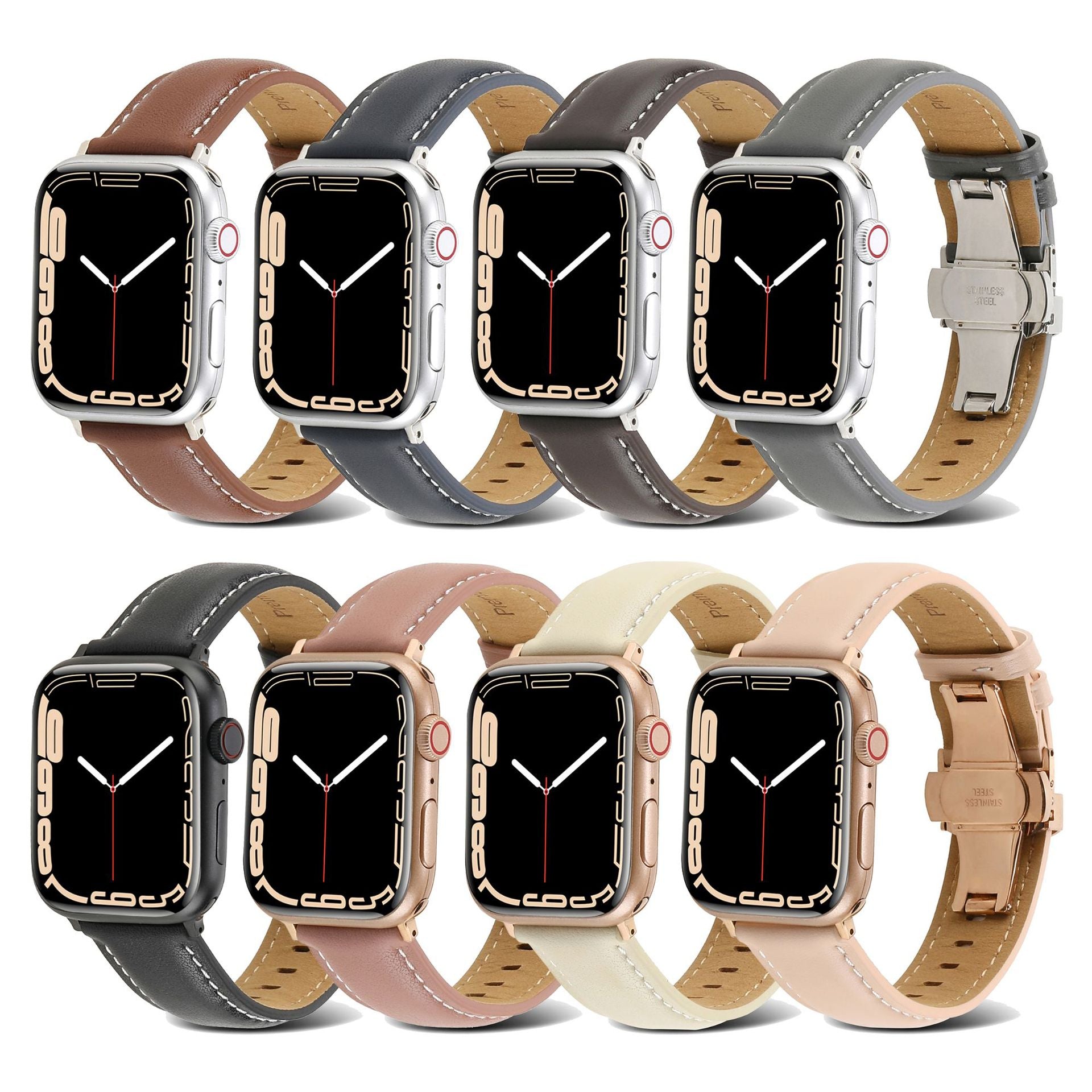 Suitable For Apple Watch Butterfly Buckle Genuine Leather Strap IWatch 6 7 Car Line Genuine Leather High-grade Butterfly Buckle Strap